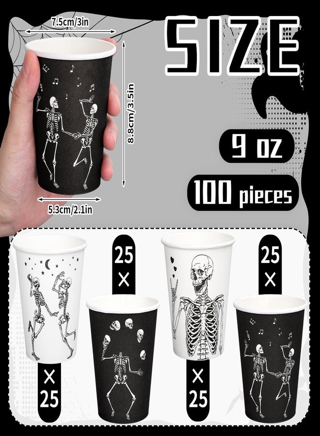 وولاين مجموعة أكواب ورقية من والين، 100 قطعة، بتصميم هيكل عظمي للهالوين، باللونين الأسود والأبيض، أكواب هيكل عظمي راقص للاستخدام مرة واحدة، مناسبة للمشروبات الساخنة والباردة، مثالية لأعياد الميلاد والعطلات وحفلات الهالوين، سعة 9 أونصة. - Image 2